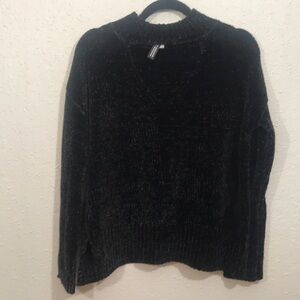 Design Lab by Lord & Taylor Black Chenille Open Long V-Neck Sleeve Sweater
